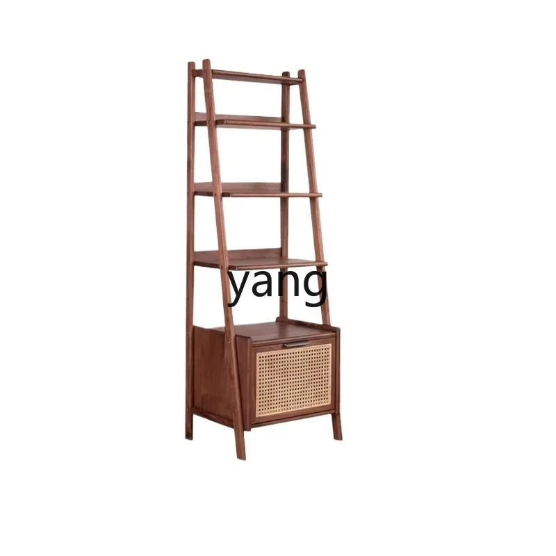 LHM solid wood bookshelf household living room incremental multi-layer storage rattan cabinet door storage rack