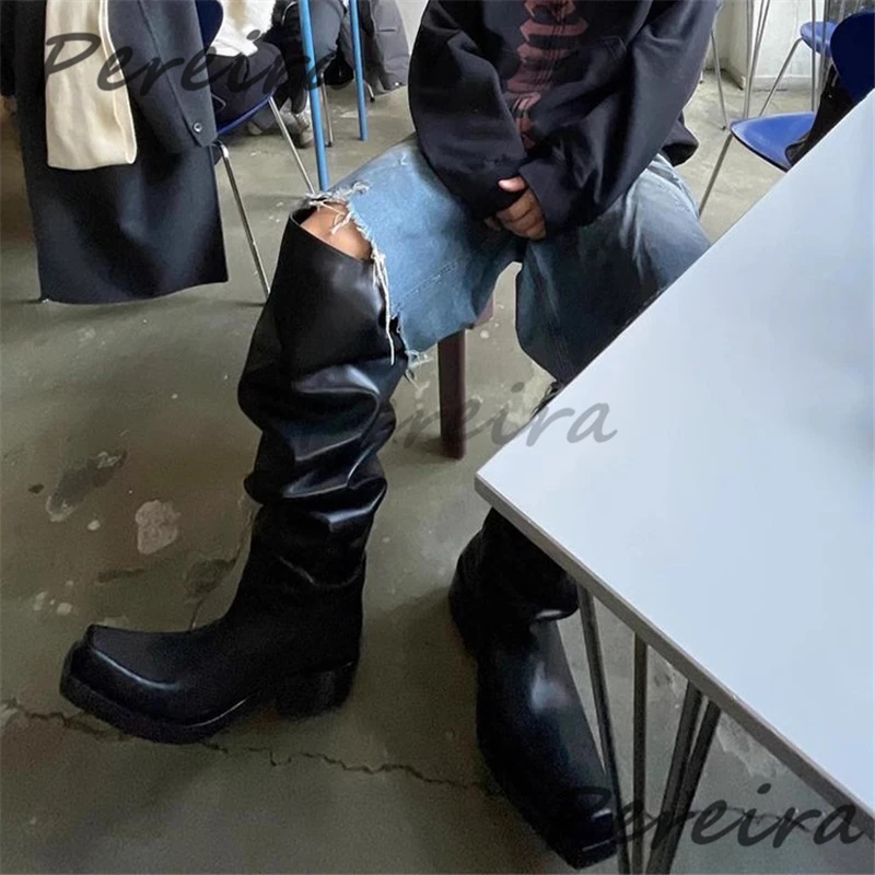 سميكة سوليد فوق الركبة الأحذية للرجال النساء جلد أسود ساحة تو الانزلاق على فارس الأحذية الخريف الشتاء موضة أحذية بوت قصيرة