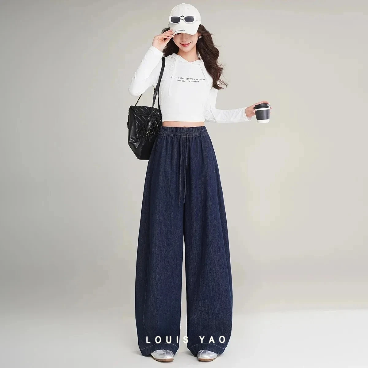 LOUIS YAO Women's Jeans 2026 Spring Loose Casual Jeans Rubber Waistband Design Long Denim Bottoms Elastic Banana Pants