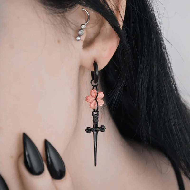 Punk Black Sakura Blade Earrings Gothic Cherry Blossom Sword Pendant Small Hoop Earrings Japanese Jewelry