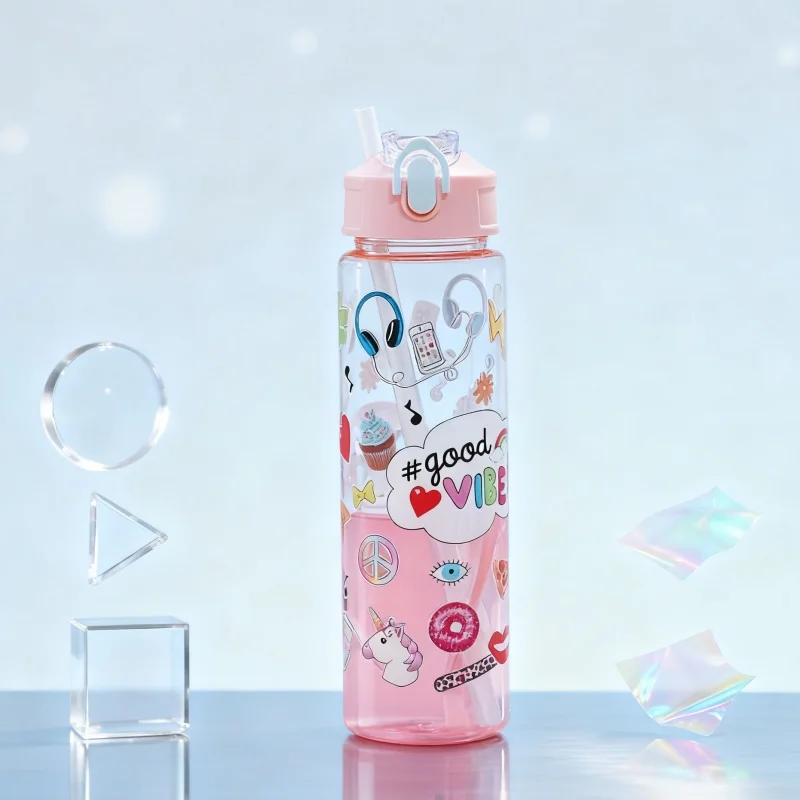 

750ML Cartoon Water Bottle for Summer Student Drinking Bottle Plastic Sports Water Bottle Portable Anti-fall and Leak Proof
