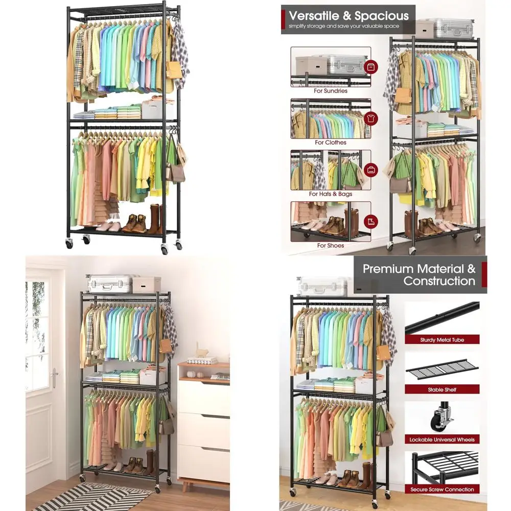 

Sturdy Metal Clothing Rack with Shelves, Wheels, and Hooks - 33 x 12.2 x 79.5 Multifunctional Wardrobe for Bedroom, Laundry, or