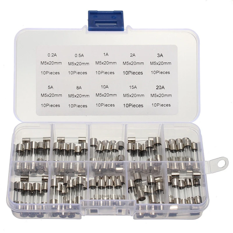 100 szt. 5X20MM szklana skrzynka bezpieczników, 10 sztuk po 10 wartości rezystancji, bezpiecznik 0,2A-20A