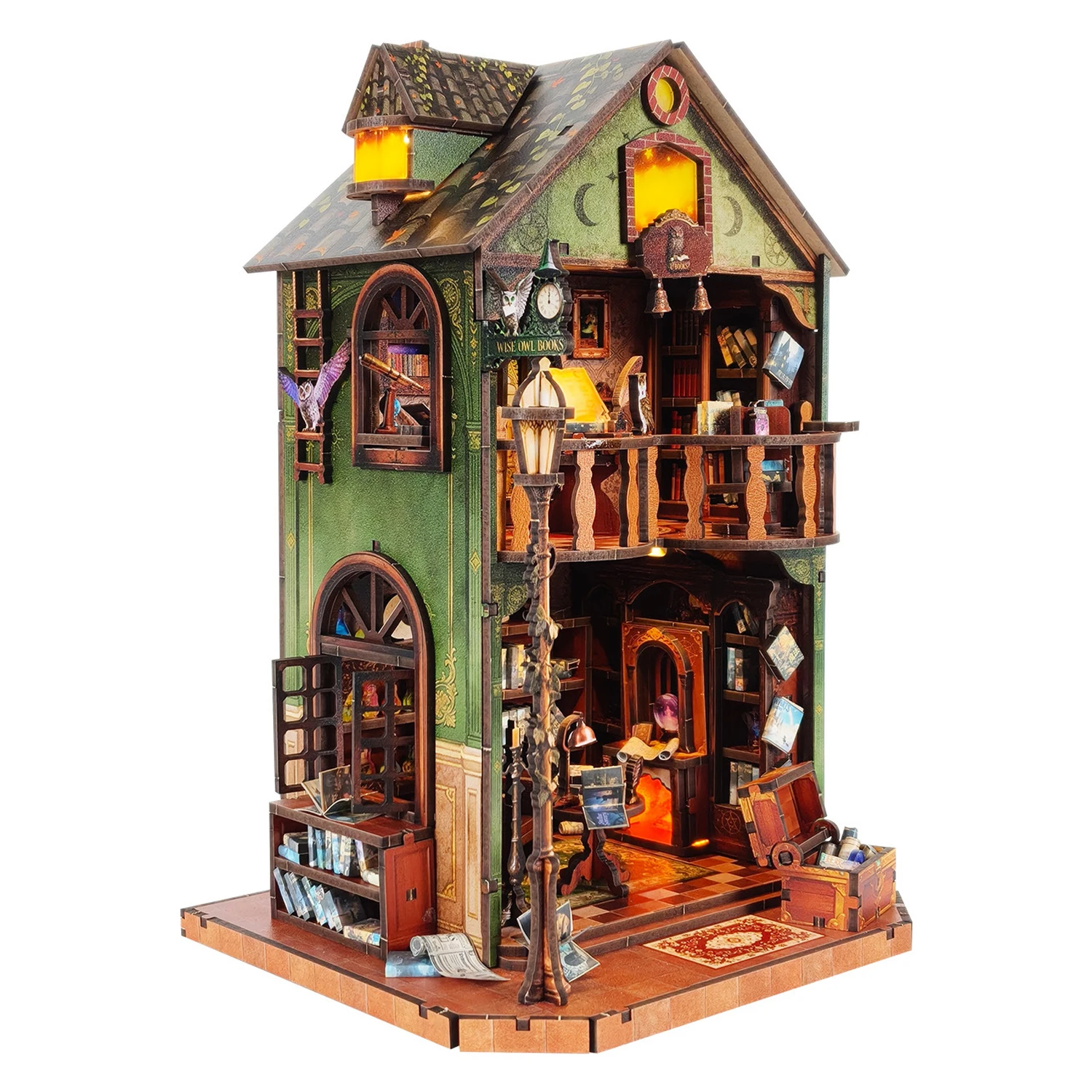 

DIY Wooden Miniature Model Kit Owl Library Casa 3D Puzzle Magic Dollhouse With Furniture Light for Friends Birthday Gifts