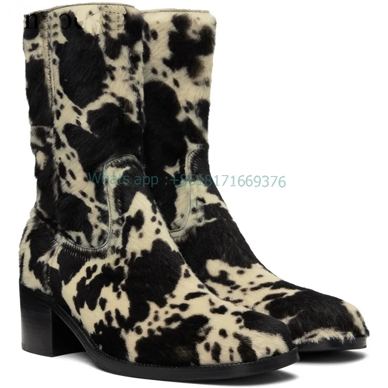 Male Leopard Block High Heel Horsehair Chelsea Boots Men Mid-clf Zip Round Toe Cowboy Boots Women Party Fashion Shoes Warm