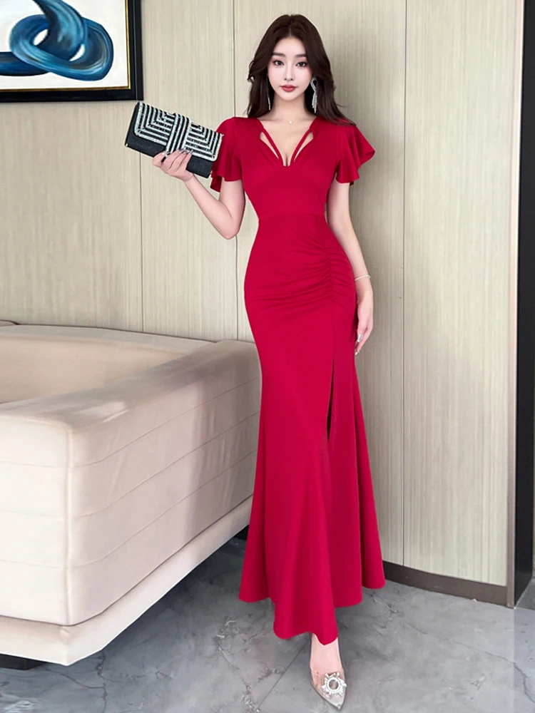 Feminino elegante vestido vermelho sexy com decote em v recorte lateral fenda bodycon sereia bainha mangas inchadas verão chique casual praia resort robe