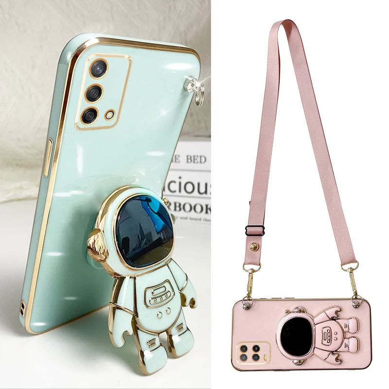 Crossbody Lanyard Plating Case For Oppo A54 A74 A57 A72 A73 A93 4g 5g A52 A53 Silicone Astronaut Holder Cover A54s A16 A15s A17