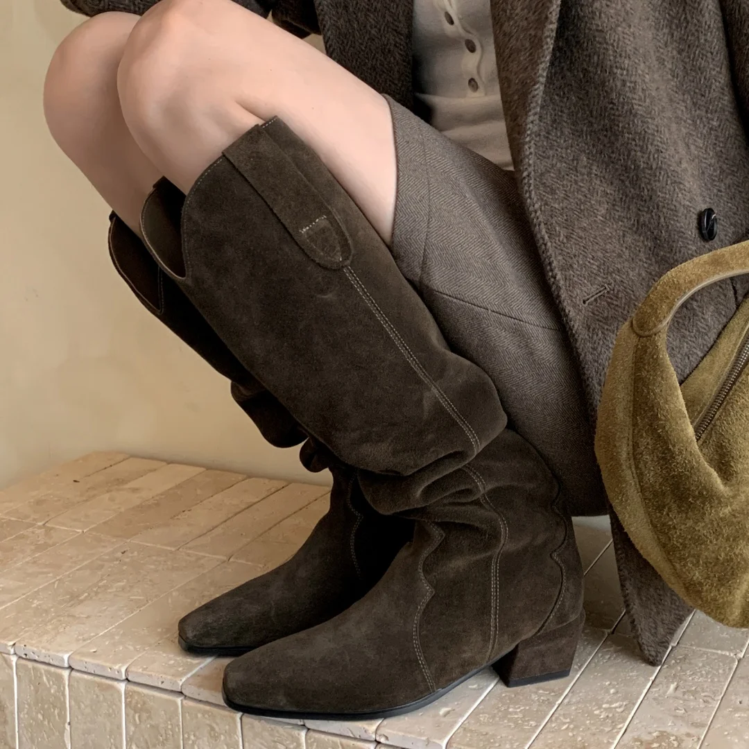 Danxuefei – bottes hautes en cuir suédé naturel pour femmes, à bout carré, à enfiler, pour l'automne, talon moyen épais de 4.5cm, bottes longues élégantes pour dames