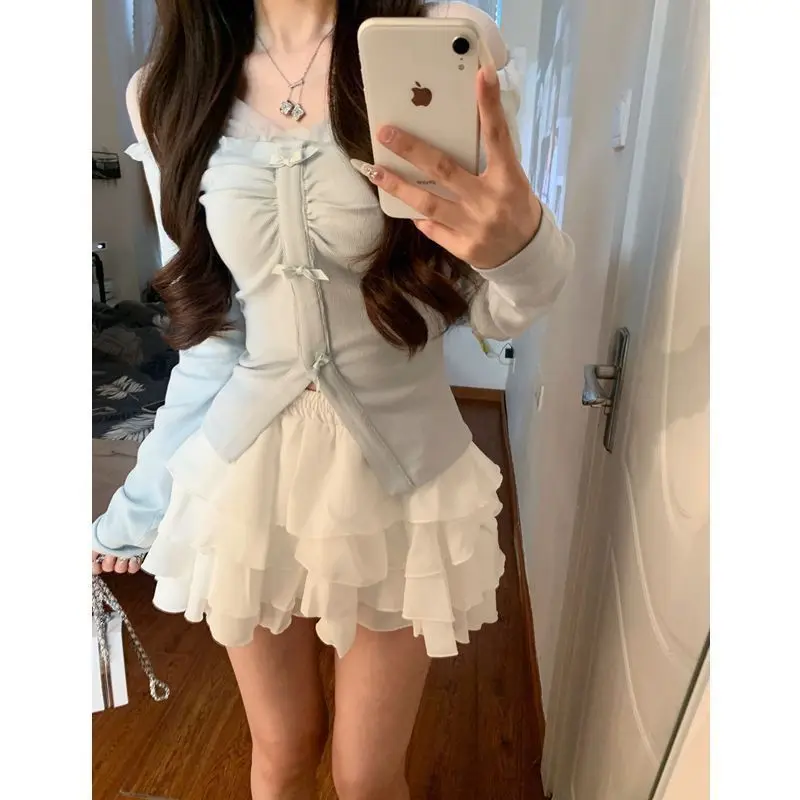 Sets for Women 2 Pieces Outfit New in Matching Set Y2K Two Piece Set Korean Fashion Long Sleeve Elegant Top and White Skirt Cute