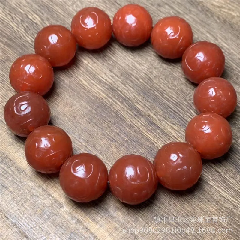 

Old Red Agate Ruyi Pattern Round Bead Bracelet 18mm Fashionable Versatile