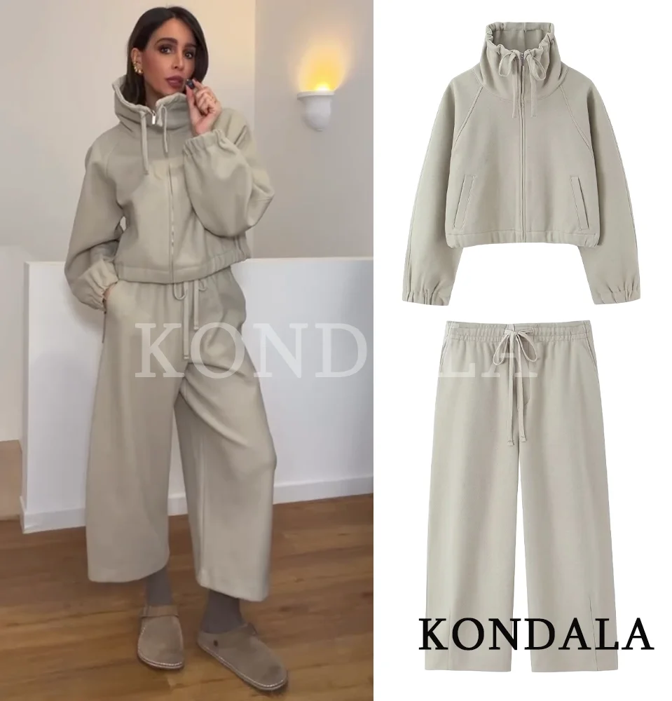 KONDALA Women Trendy Sporty Pants Pocket Set Stand Collar Zipper Jacket Long Pants New Fashion 2026 Spring Commute Pants Set