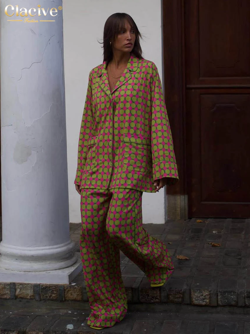 

Clacive Fashion Loose Print Trousers Set 2 Piece Woman Elegant Long Sleeve Tops With High Waist Wide Pants Set Female Streetwear