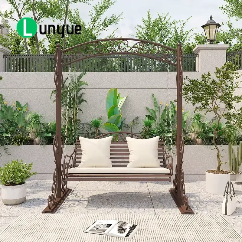Metal Wrought Iron Outdoor Wedding Swing Chair with Brackets and Cushions All Weather Garden Swing