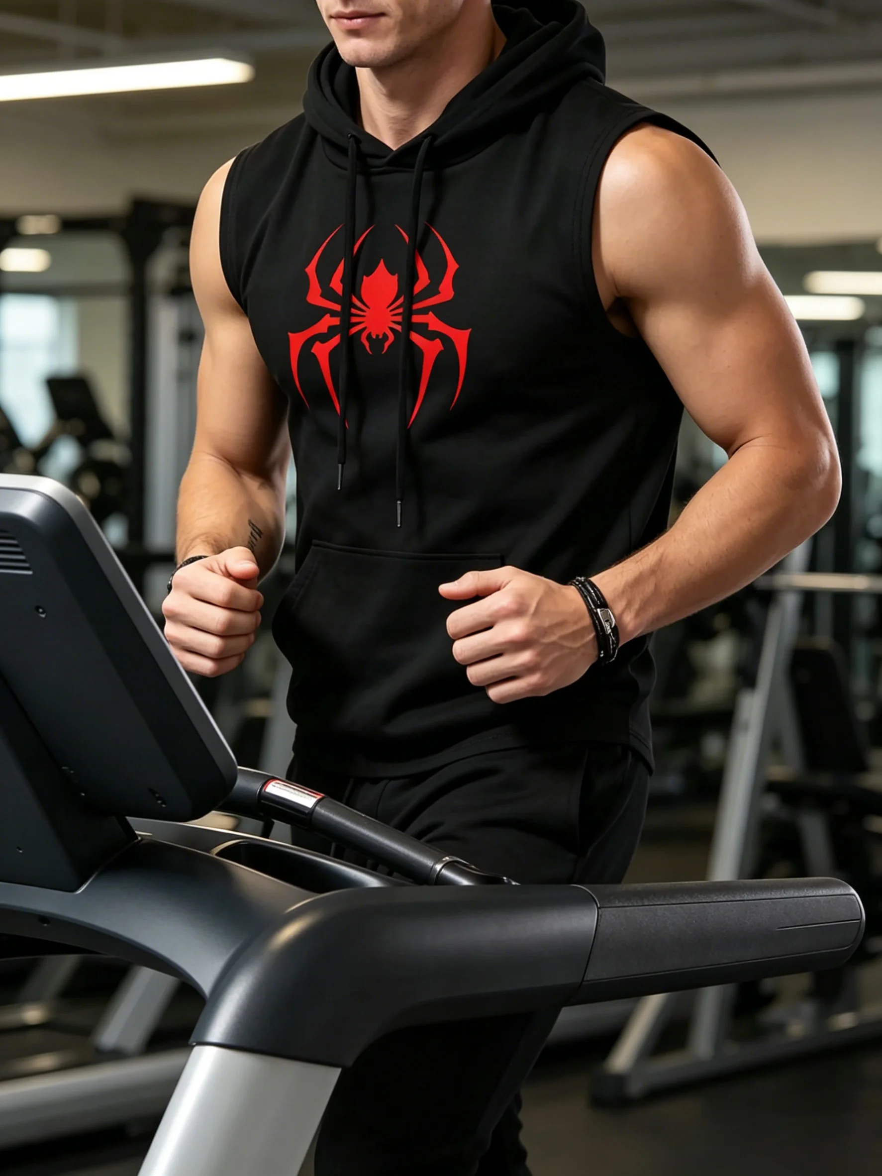 Men's Black Sleeveless Hooded Vest Spider Print Gym Tank Breathable Spring Summer Workout Casual Fitness Sportswear