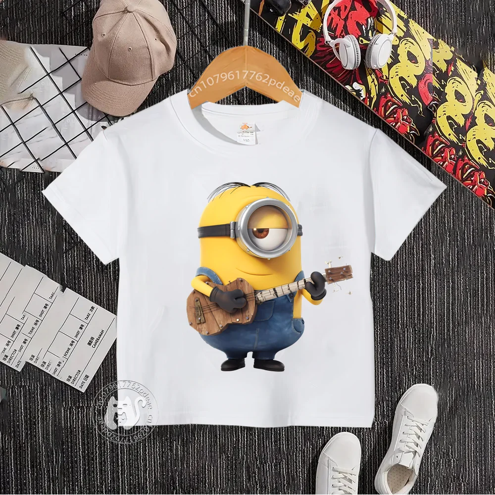 Teen Hip Hop Style 100% cotone t-shirt bambini Cartoon Minions playing guitar stampato girocollo t-shirt in cotone ragazzi ragazze manica corta