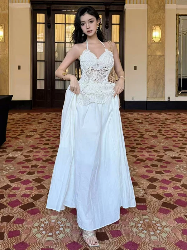 Ele White Lace ter Dr Fairy Sommer-Ballkleid, Strand-Stil, langer Rock, französischer Stil, hohe Taille, A-Linie, Silhouette