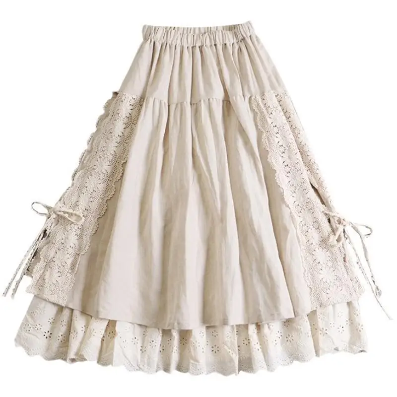 

Japanese Style Embroidered Heavy Work Waistband A-Line Skirt Women's Citywalk Linen Skirt with Inner Elastic Waist Mid...