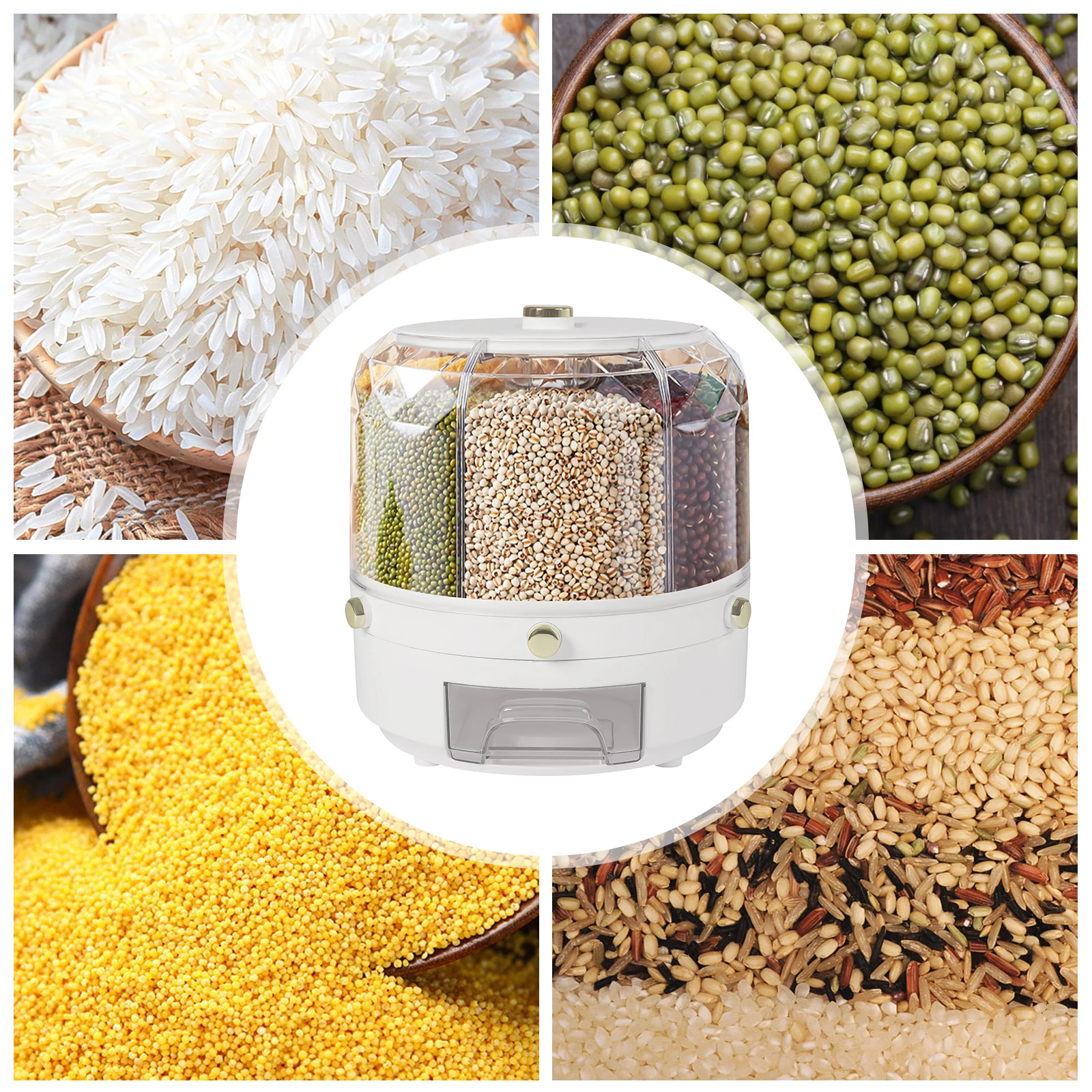

Контейнер для хранения белого риса и зерна с 6 сетками, круглый вращающийся герметичный диспенсер для пищевых продуктов из полипропилена 25*25*25 см для хранения риса