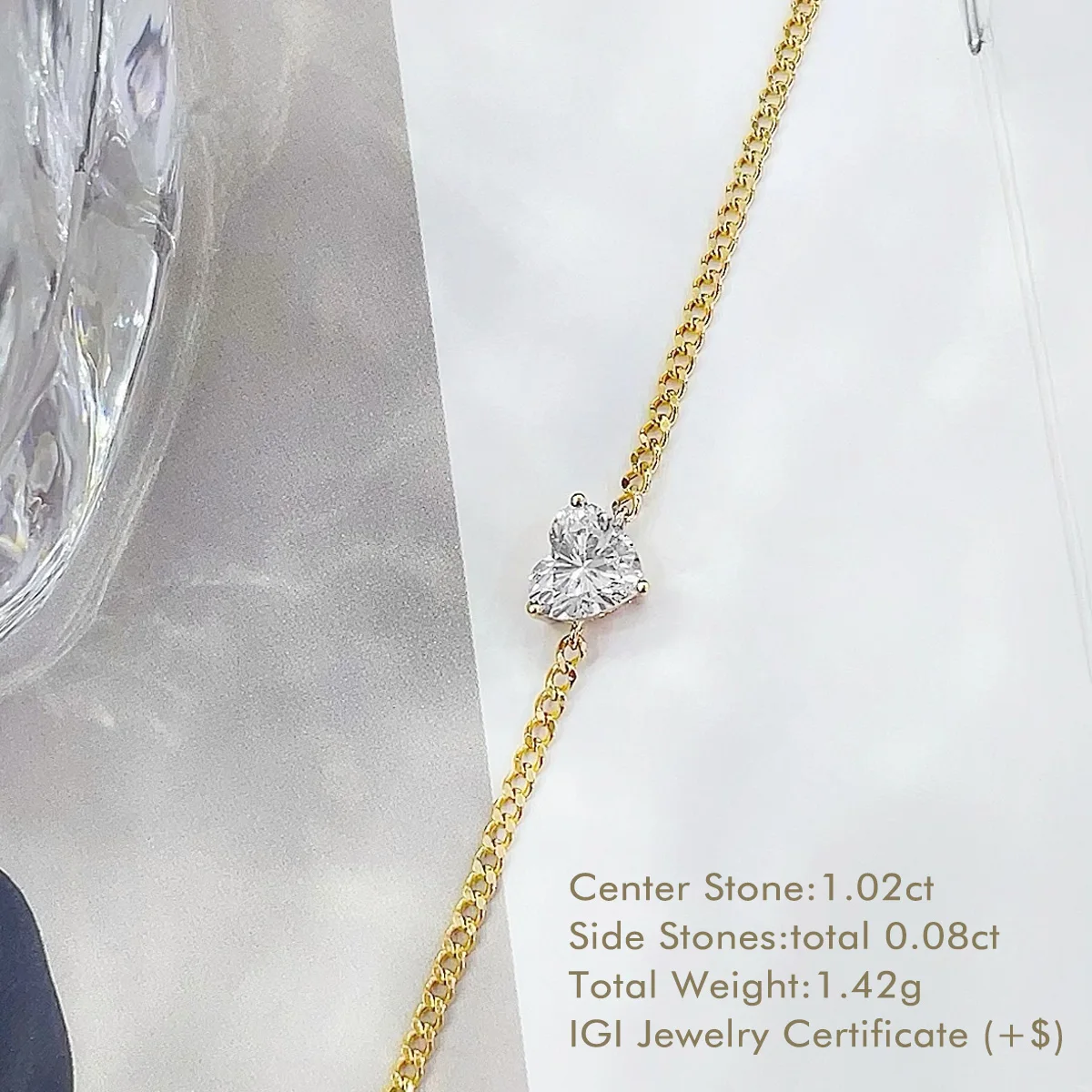 18K Yellow Gold Heart Shape Lab Grown Diamond Bracelet 18K Gold Cuban Link Bracelet Birthday Gift for Girlfriend