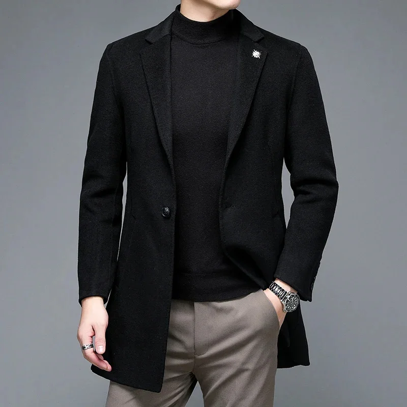 2025 New Autumn Winter Woolen Overcoat Men Double Faced Wool Coat Solid Color Medium Length Casual Trench Coats Men's Wear FCY