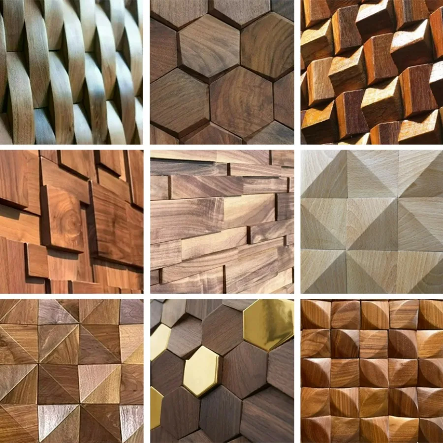 Mosaico 3D de Madera Maciza Natural, Precio al por Mayor, para Decoración del Hogar, Villa, Oficina, Decoración de Paredes de Dormitorio