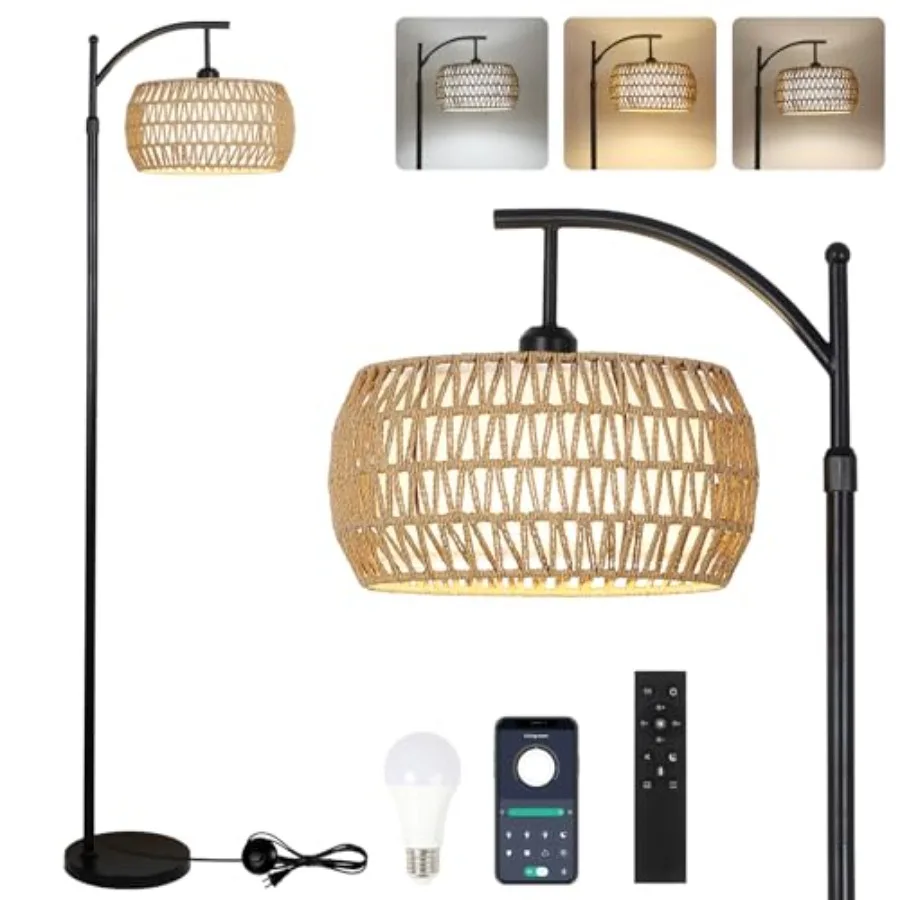 Arc Floor Lamp with Remote Control, Dimmable LED Floor Lamp with 3 Color Temperature, Black Standing Lamp with Rattan and Fabri