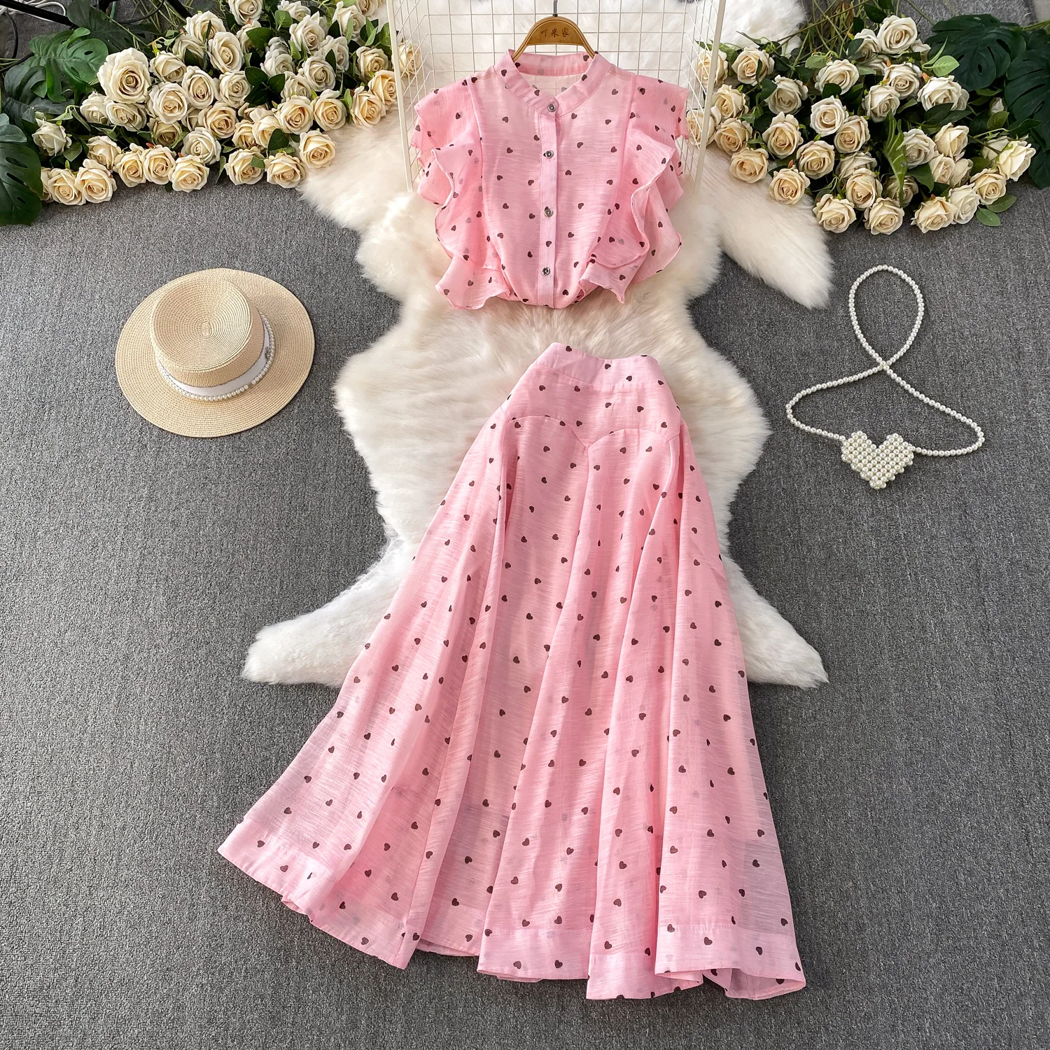 Conjunto de Dos Piezas para Mujer, Estampado, Camisa con Botones y Mangas de Mariposa, Falda con Cintura Elástica, Estilo Casual Holgado, Primavera 2026