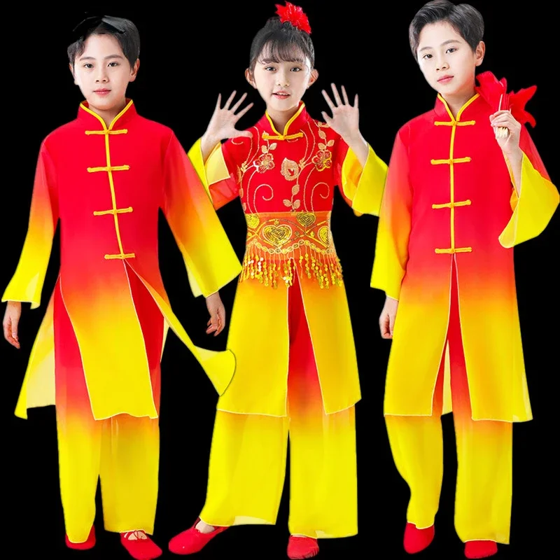 

Red Traditional Chinese Style Hanfu Classical Dance Yangko Clothing Umbrella Fan Folk Dance Suit Girls Waist Drum Dance Costumes