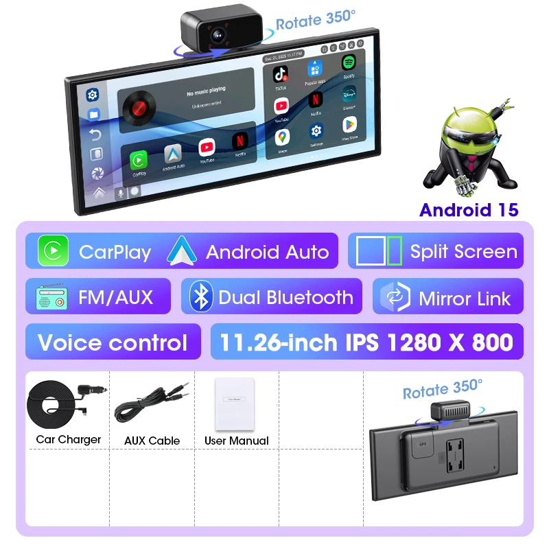 Develuck 11.26 "Android 15 4G + 64G Auto DVR Dash cam Carplay Android Auto WIFI Airplay Recorder Ondersteuning Youtube Netflix BT Muziek