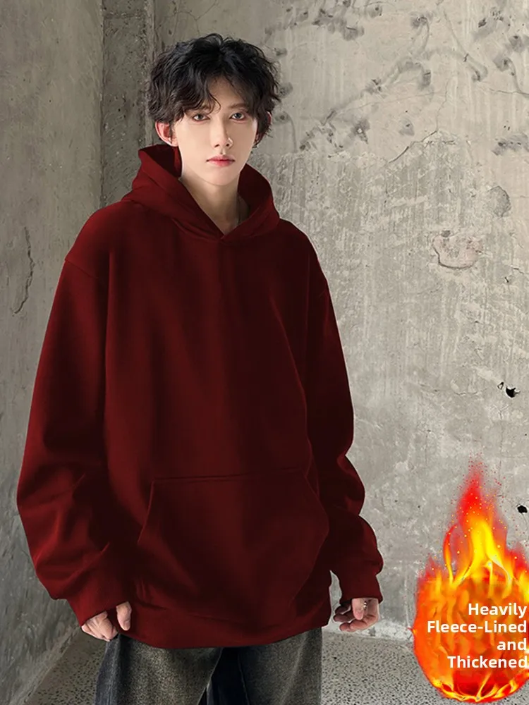

Oversize Fce Lined Hoodie Men's Wine Red Casual Streetwear Autumn Winter ort American Sle Heavyweight Couple Jaet