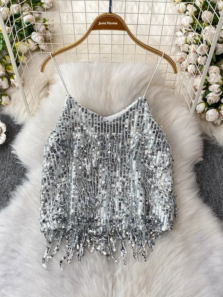 

Slim Fit V-Ne Sequin Tassel Strap Vest Top And High Waist Bodycon ort Skirt Set Women's Faion Summer Outfit Two-Piece Set