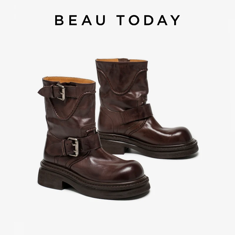 BEAUT0DAY حذاء من الجلد النساء جلد البقر الصبح جولة تو مشبك مزدوج حزام منصة الانزلاق على أحذية السيدات اليدوية 03A00