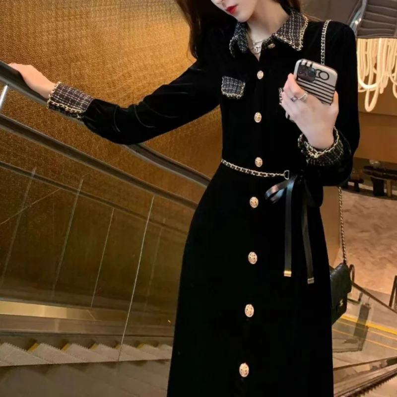 Autumn Elegance Simple Small Fragrance Dress Women Waist Closing Slim Polo Neck Button Long Sleeve High End Black Velvet Dresses