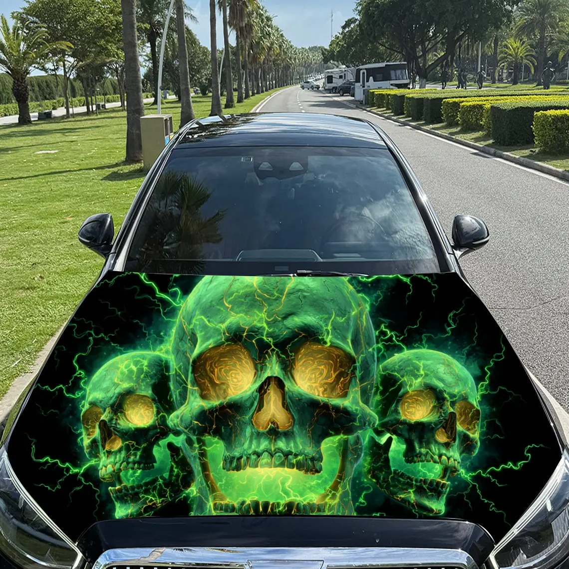 

Thrilling Yellow Eyes Green Lightning Skulls Car Hood Sticker, Waterproof Self-adhesive Vehicle Vinyl Wraps Decal, Trendy Auto E