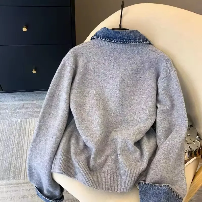 Coreano emenda denim camisa gola topos costura falso camisola de duas peças feminino outono cardigan versátil outwear feminino