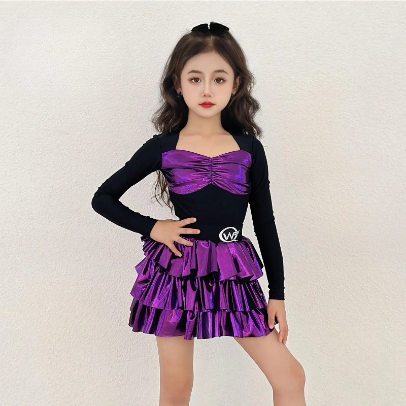 

Детские костюмы для латинских танцев для девочек, новая высококачественная детская тренировочная одежда, осенне-зимнее фиолетовое платье для выступлений