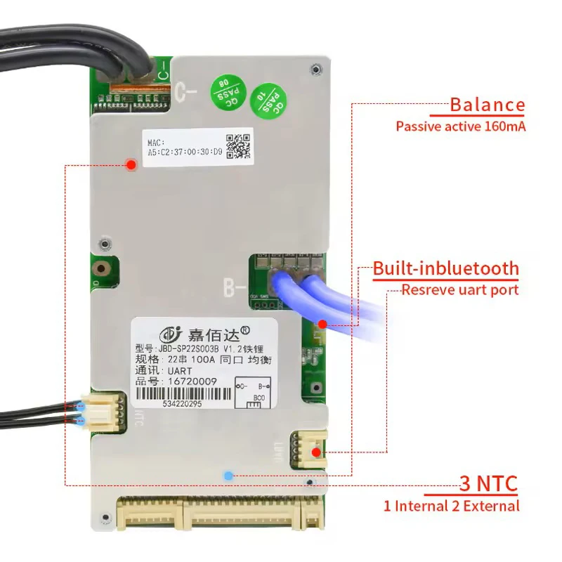 JBD Smart BMS 6-22S Automized Identify 24V 36V 48V 60V 72V 40A 50A 80A 100A Built-in BT UART Li-ion LiFePo4 Balance Board E-Bike