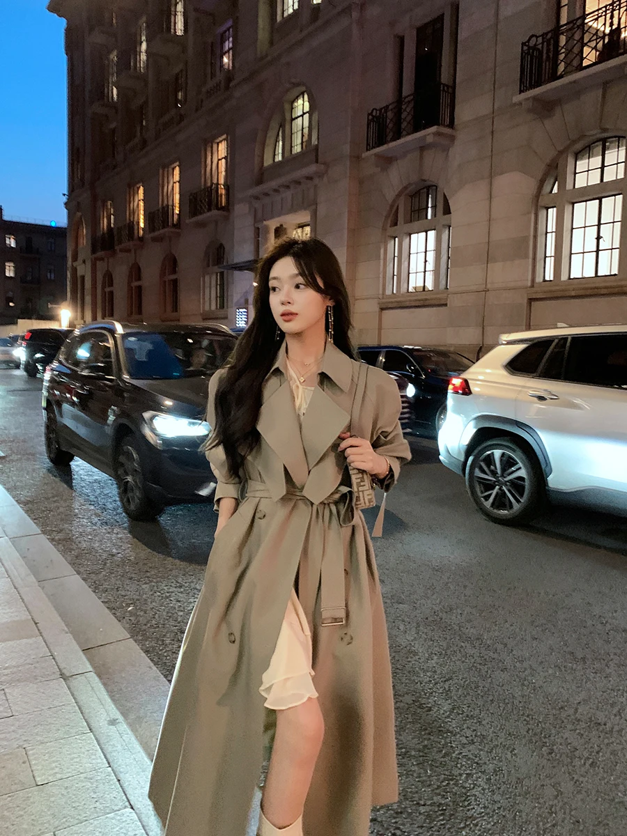 

ByYou Autumn Winter Double Row Button i ey Windbreaker Jaet Women's Mid-Length Waist-Cinching Briti Sle Casual Coat