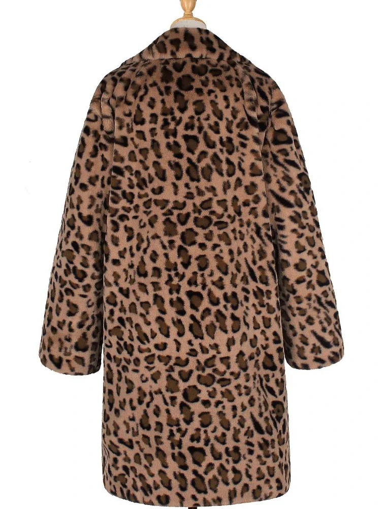 Women\'s Warm Faux Fur Long Coat Jackets Winter Leopard Leisure Long Jacket Women Thick Fluffy Luxury Bontjas Outerwear 2023