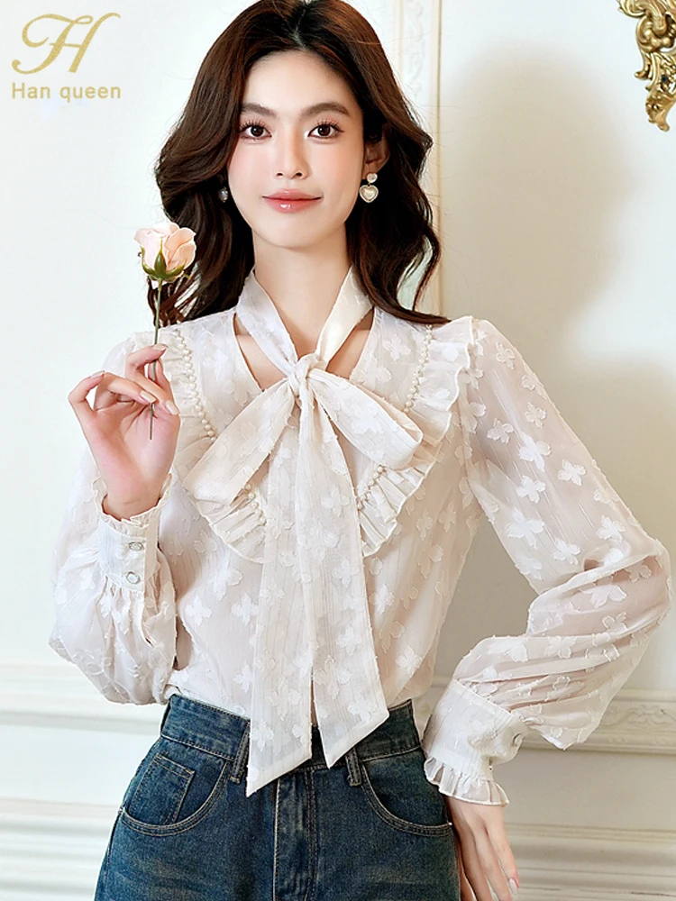 

H Han Queen Autumn Woman Clothing Lace-Up Bow Basic Office Vintage Tops Elegant Chiffon Blouses Loose Casual Long Sleeve Shirts