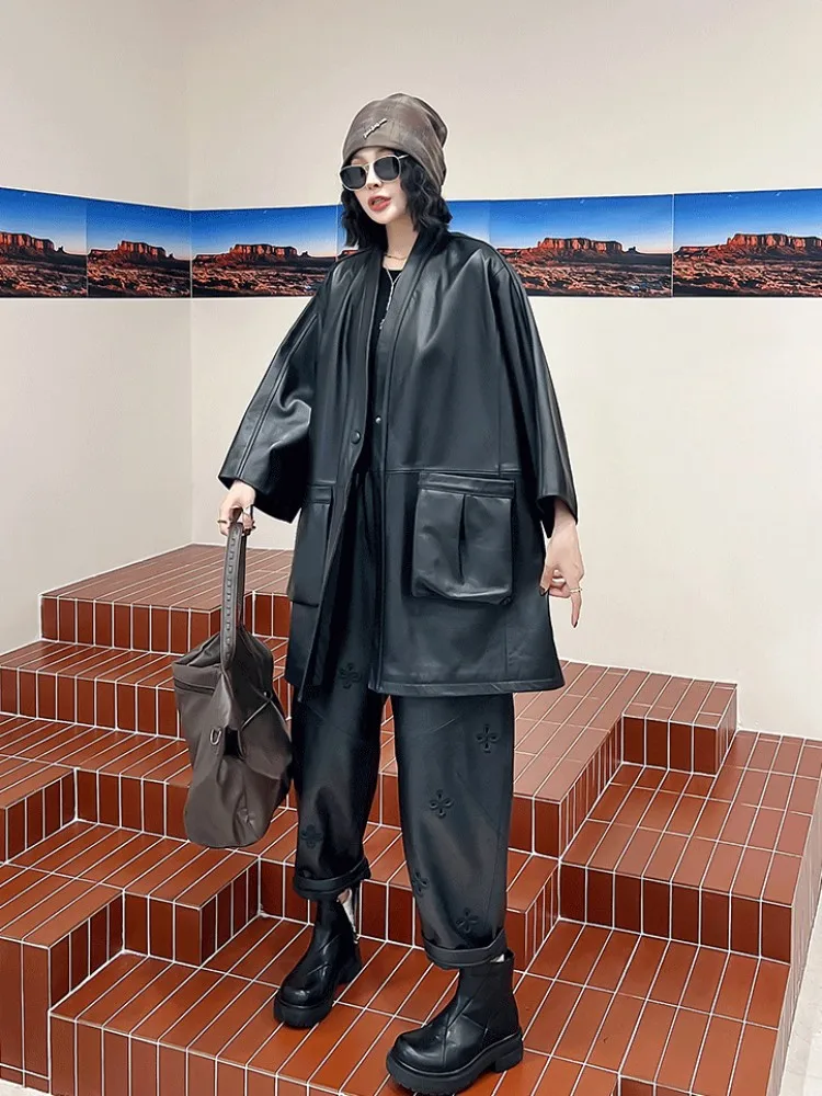 Nuova giacca da donna in vera pelle Harajuku con scollo a V vestibilità ampia con bottone singolo streetwear cappotto di pelle di pecora medio lungo casual oversize