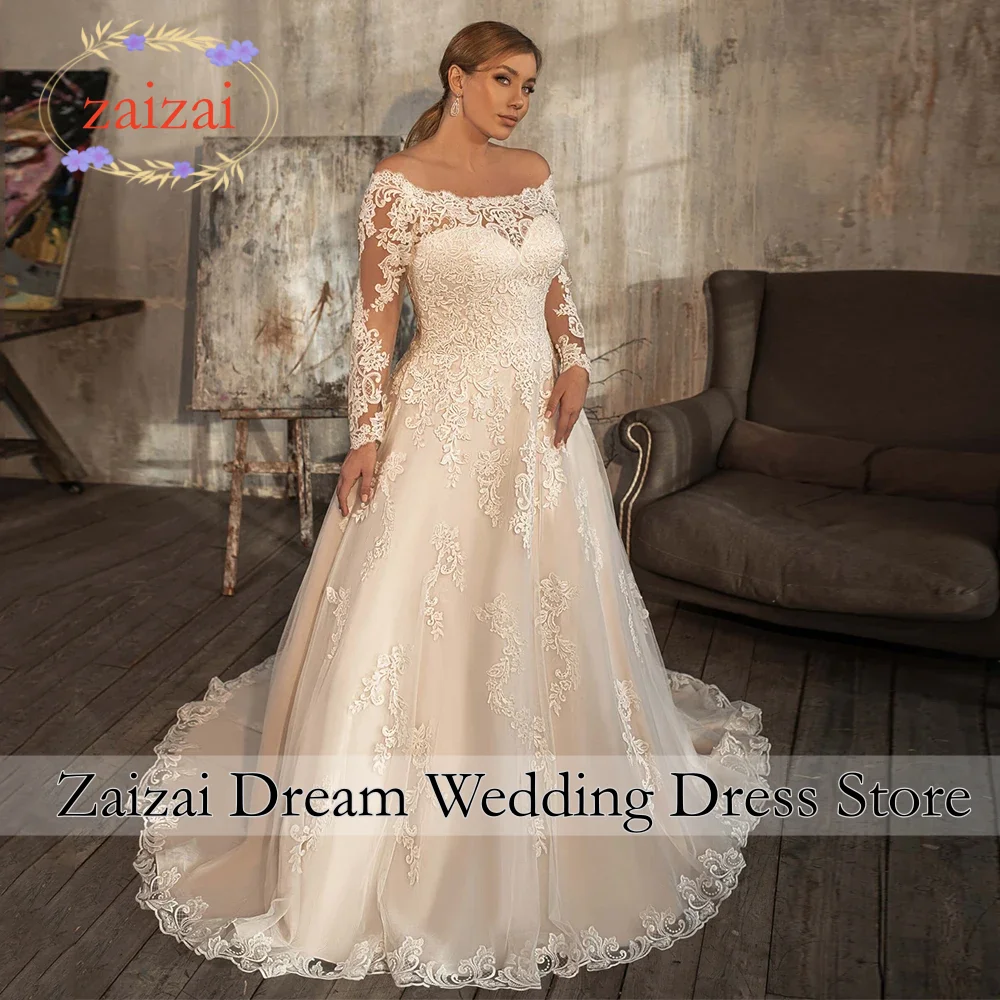 Customized Long Sleeves Scoop Neck Wedding Dress Plus Size Vestido De Noiva Lace Appliques Back Zip with Button Bridal Dresses