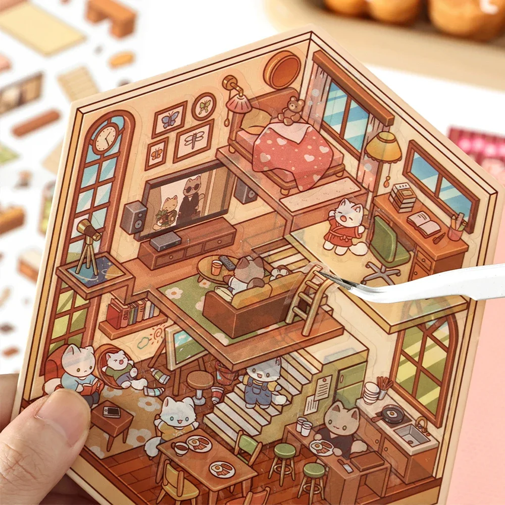 Cartoon Forest Village DIY 3D Sticker Pocket Cabin Scene Stacking and Pasting Festival Birthday Gift for Kid Child Student