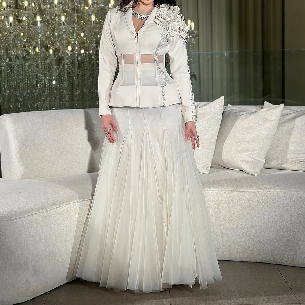 

Customized A-line Evening Dresses Floor-length V-neck Full Sleeve Prom Gown Fashion Flowers Crystal Simple Draped Party Gown
