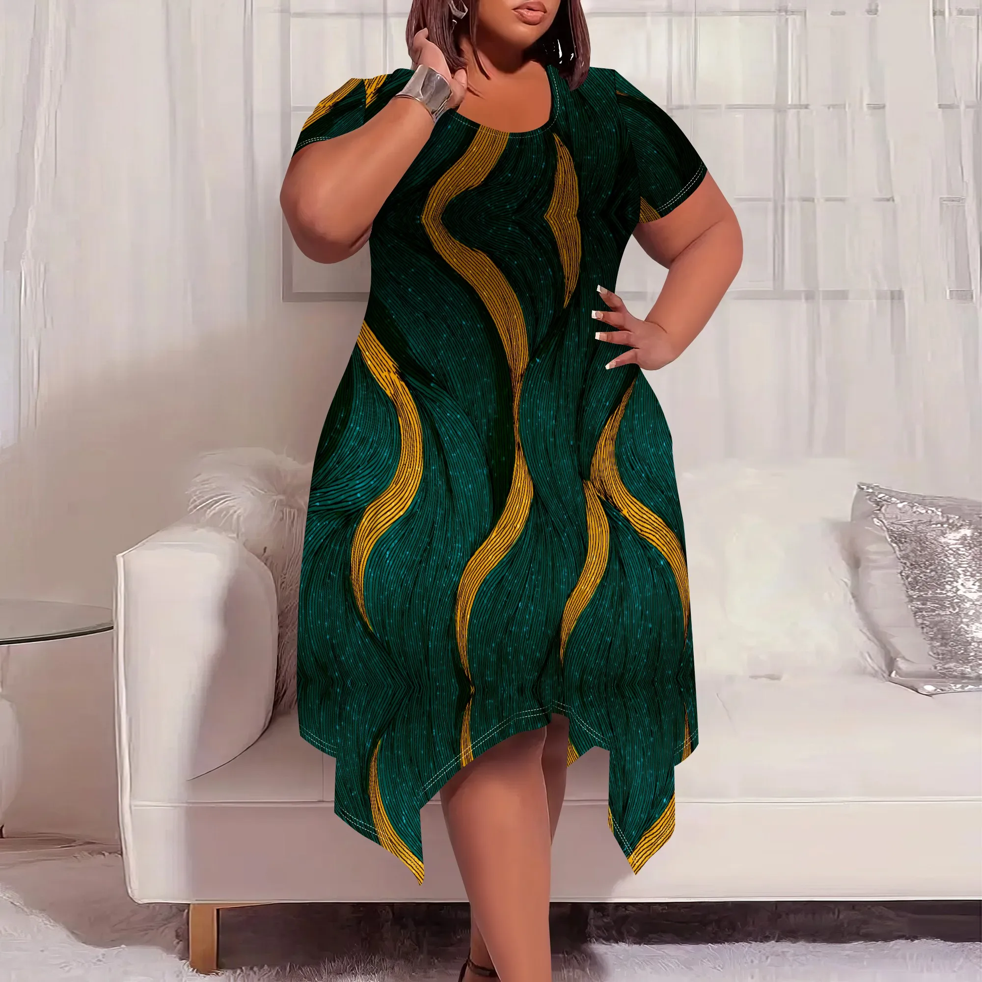 

Green Wave Print Plus Size Dress XL-6XL Short Sleeve Asymmetrical Hem Style for Church, Cultural Event or Elegant Day Look