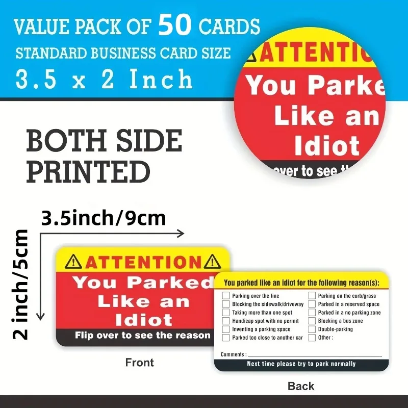 100Pcs 'You Park Like An Idiot' Business Cards Bad Parking Cards Multiple Reason Violation Adult Sock Stuffer Funny Giftable