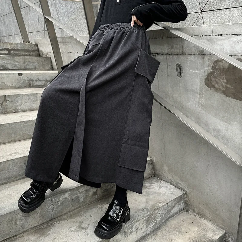 

SuperAen Japan Style Retro Solid Color Loose Pocket Skirt Autumn New Design Fashion Oversize Asymmetrical Long Skirt