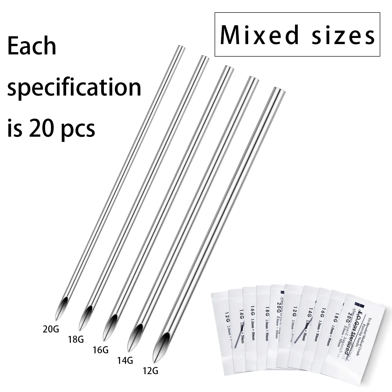 Piercing Tools Kit 100 Pcs Body Piercing Needles Mix Size 12G 14G 16G 18G 20G Stainless Steel and 1 Pcs Piercing Clamp