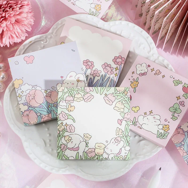 100 Pcs Spring Garden Flowers, Little Rabbit, Cute Note Paper, Non-adhesive Sticky Note Handbook Material, Memo Note Paper