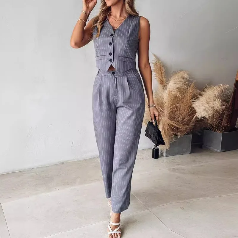 2pcs Clothes Set Spring Summer New Women\'s Clothing Striped Button Vest Wide Leg Trousers Suit